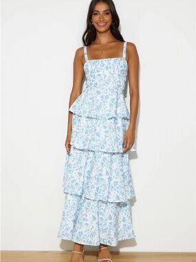 Blue Floral Tiered Maxi Dress with Square Neck
